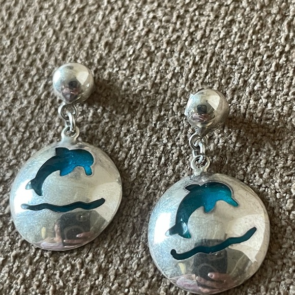 Mexican 950 Silver dolphins Earrings - Picture 1 of 8